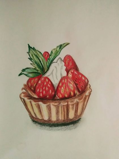 A realistic drawing of a strawberry tart. It's amazing what you can create with color pencils.