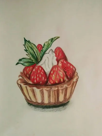 A realistic drawing of a strawberry tart. It's amazing what you can create with color pencils.