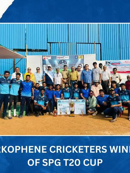 The victorious Parkophene Cricketers team and officials pose for a group photo with the SPG T20 Cup trophy.