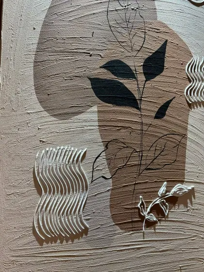 A close-up of the botanical artwork, showing the mix of painting, line work, and sculptural textures.