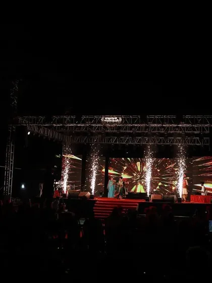 The perfect finale moment. This shot captures the use of cold pyro special effects on stage during a song release event, adding a burst of excitement for the audience.