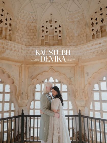 An intimate embrace within the intricate latticework of a Jaipur palace. The soft light filters through the jharokha, creating a serene and romantic portrait that feels both timeless and personal.