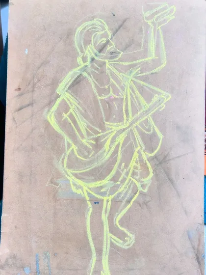 Every mural starts with an idea. This is the initial chalk sketch of Kanaka Dasa, mapping out the composition before I begin the sculpting process.