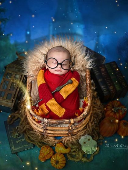 The magic is real. This close-up of our Harry Potter setup shows the incredible detail, from the glowing wand to the tiny pumpkins, that makes these portraits so special.