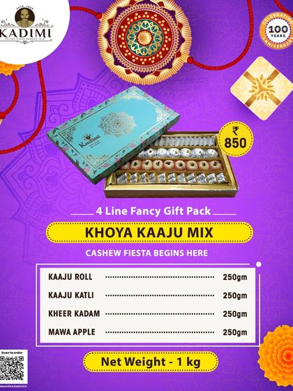 Our Khoya Kaaju Mix gift pack is a festival of cashews and khoya, combining classic sweets like Kaju Katli and Kheer Kadam for Rakhi.