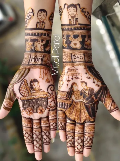 A stunningly detailed baby shower mehndi. This design includes portraits of the couple, a baby in a pram, and dedications to "Mom" and "Dad" on the arms.