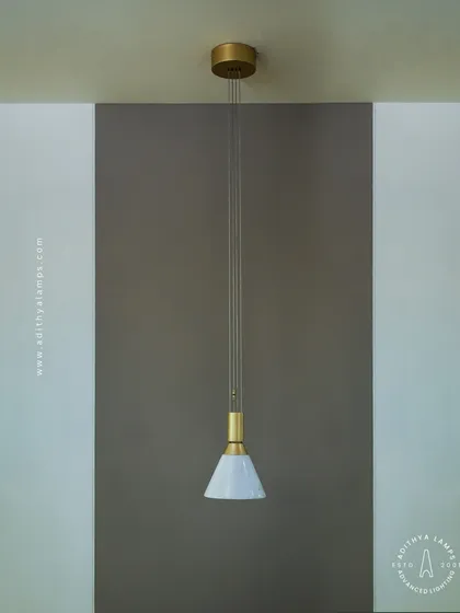 A full view of our single pendant light, showcasing its adjustable height and clean lines. This fixture is highly versatile, suitable for both residential and commercial applications where style is key.