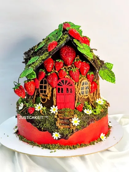 I designed this magical strawberry house cake for my own daughter's birthday. The entire two-tier structure, including the house and the fondant strawberries, is edible, creating a fantasy world in cake form.