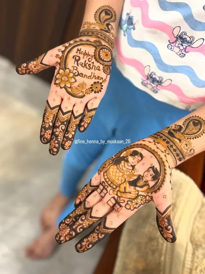 A sweet and personal design for Raksha Bandhan. One hand has a portrait of a brother and sister, while the other wishes "Happy Raksha Bandhan". It's a lovely way to celebrate the bond.