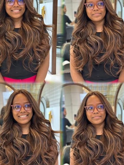 A collage showcasing the versatility of our balayage work. From every angle, the colour looks seamless, vibrant, and full of movement.