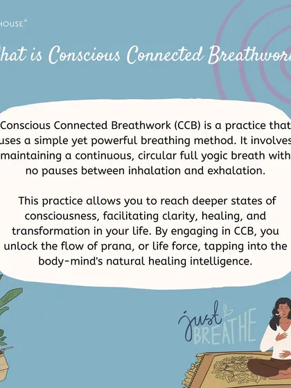 This graphic explains what Conscious Connected Breathwork is. It is a simple yet powerful circular breathing method that allows you to reach deeper states of consciousness, unlocking the flow of prana for healing and transformation.