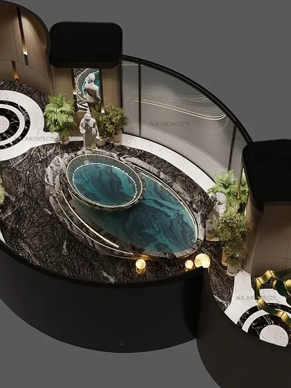 A poetic tribute to sea waves, this luxurious bathroom blends fluid curves and mountain views. The gracefully arched walls offer both privacy and openness, framing the landscape while creating a spa-like retreat with a central jacuzzi.