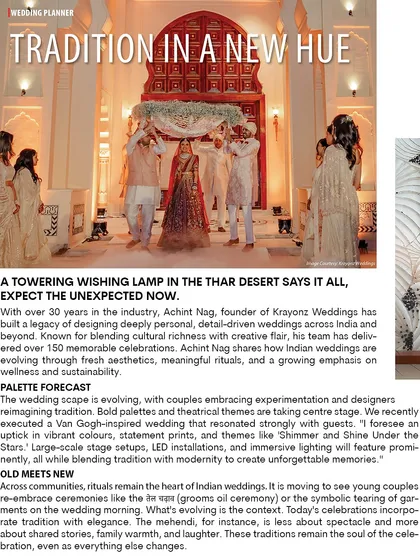"Tradition in a New Hue." A feature in a wedding magazine highlighting our 30 years of experience and our philosophy of blending cultural richness with creative flair.