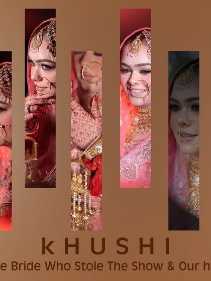 A vibrant collage celebrating Khushi, "The Bride Who Stole The Show." The design highlights her stunning pink lehenga and radiant smile from multiple angles, capturing her joyful energy.