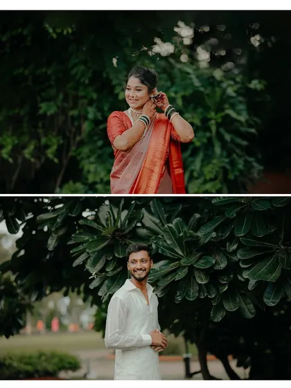 A diptych showing individual portraits of the bride and groom getting ready for their engagement. It captures the anticipation and excitement of the day.