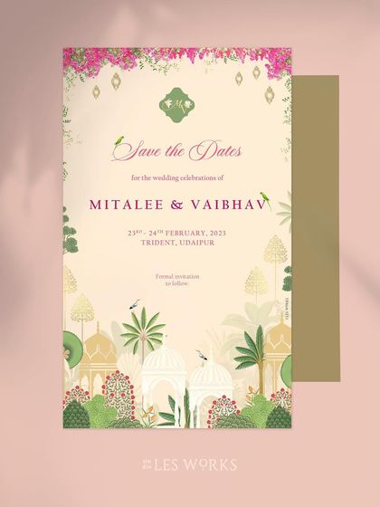A Save the Date designed for a wedding at the Trident, Udaipur. The custom illustration captures the magical landscape of the city, with its iconic palaces, lakes, and lush greenery, promising a beautiful celebration to come.
