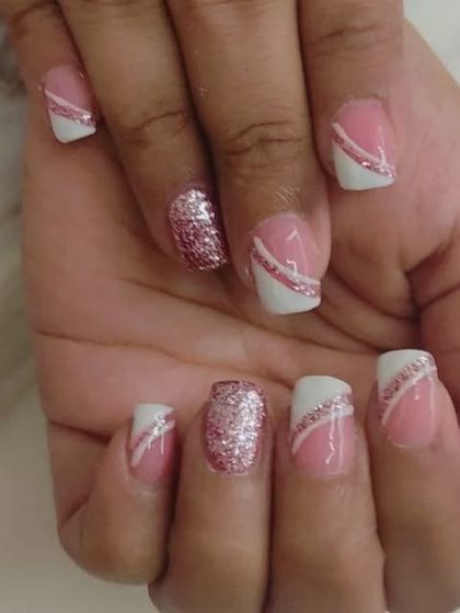 Another angle of the diagonal glitter line French manicure, showing the pink glitter accent nail that ties the whole set together.