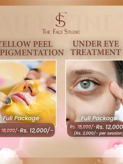 This promotional graphic highlights two of my corrective treatments: the Yellow Peel for pigmentation and a comprehensive under-eye treatment package to address dark circles and puffiness.