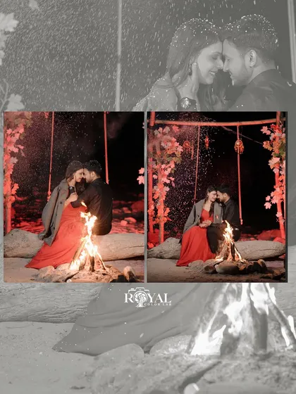 We can add creative elements like a cozy bonfire to your shoot. An evening session like this creates a warm, magical atmosphere for truly unique and romantic maternity photos.