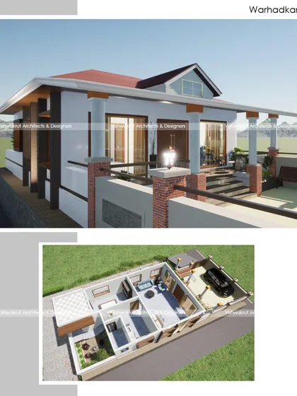 A render of the 'Warhadkar's House' in Kudal, showing the exterior view along with a 3D floor plan layout. This helps clients understand the relationship between the interior spaces and the exterior design.