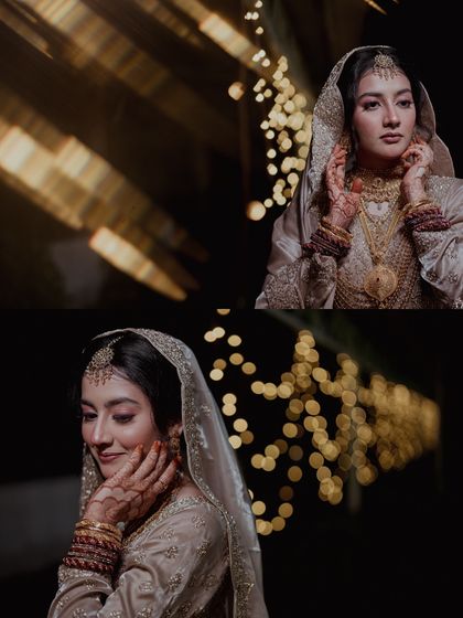 A collage of a Muslim bride's portraits, capturing her beauty against a backdrop of soft bokeh lights.