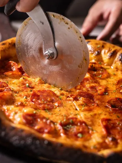 Slicing into a hot Pepperoni pizza. The sound of the cutter rolling through the crisp crust is part of the experience.