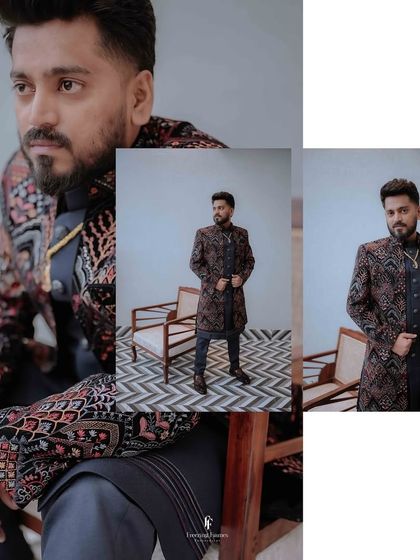 A creative collage of the groom in his intricately patterned reception sherwani.