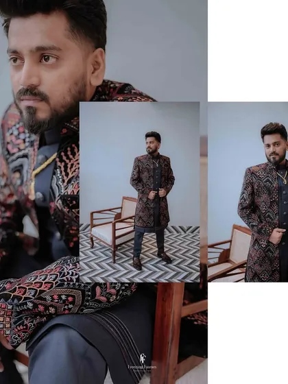 A stylish collage of the new father at the naming ceremony. The close-up and full-length shots highlight his patterned sherwani and confident poses.