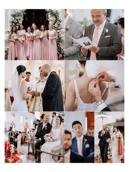 A collage showcasing the key moments of a beautiful Christian wedding, from the bridesmaids and the ceremony to the emotional walk down the aisle.