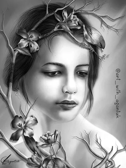 This is an older surrealist drawing of mine, showing a woman with a crown of branches and a small bird. Even before I knew about the surrealism art movement, I was drawn to creating these kinds of imaginative, dreamlike portraits.