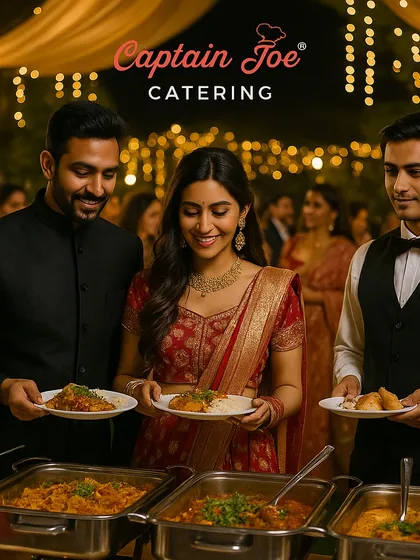 I believe wedding food should be as memorable as the ceremony itself. Here, you can see guests enjoying a lavish buffet at a beautifully lit evening wedding. My uniformed staff ensures seamless service, allowing everyone to savor the exquisite Indian cuisine and celebrate the special day.