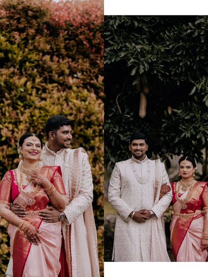 A collage of a couple's romantic portraits from their wedding day, capturing their happy and intimate moments.