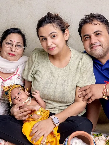 A beautiful family portrait from our Janmashtami photoshoot series. We encourage parents and grandparents to join in to capture these precious memories together.