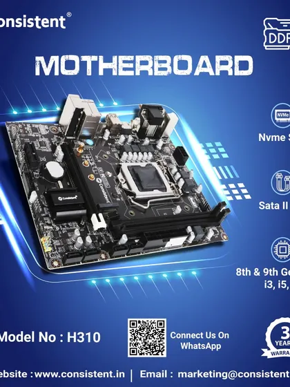 A closer look at our H310 motherboard, highlighting its support for 8th and 9th generation Intel CPUs. The board layout includes an NVMe slot, SATA ports, and is backed by our comprehensive 3-year warranty.