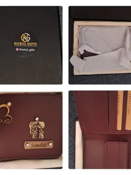 This collage shows the unboxing experience of a personalized maroon wallet, from the branded box to the interior with card slots.