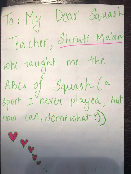 This heartfelt note from a summer camp student says it all. We are incredibly proud to create an environment where even absolute beginners can learn the "ABCs of Squash" and discover a new passion.