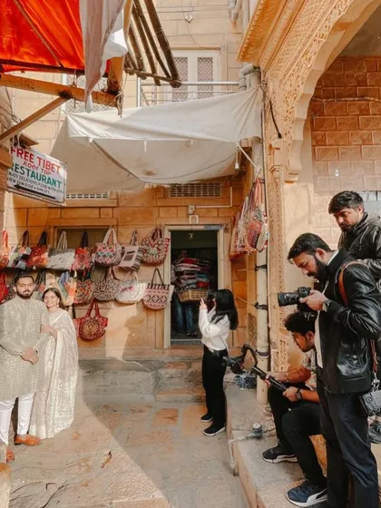 On location in the streets of Jaisalmer for a pre-wedding shoot. Working on site requires adaptability and teamwork with the photography crew to get the perfect shot.