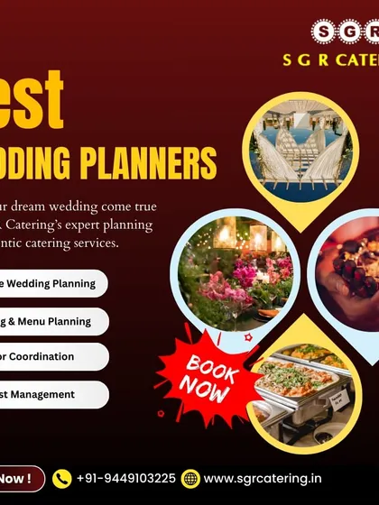 We are the best wedding planners to make your dream wedding come true. Our services include complete planning, catering, vendor coordination, and guest management, as shown in this detailed graphic.