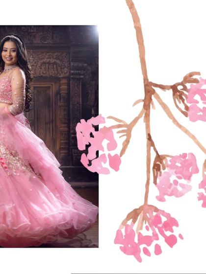 A beautiful collage featuring our client in a pink tiered ruffle lehenga. This modern design is very popular for sangeet and cocktail parties.
