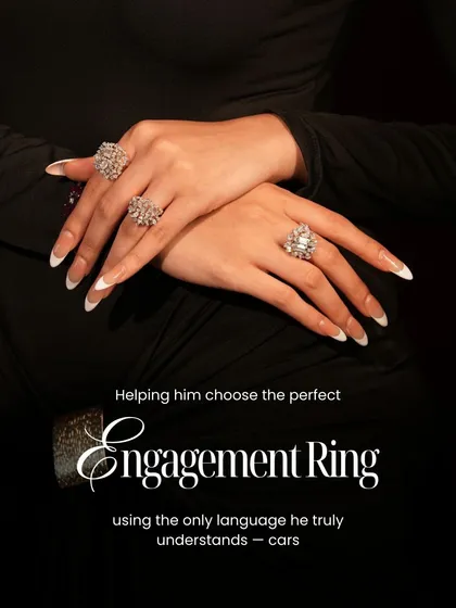 I understand that the language of diamonds can be complex. To help him choose the perfect engagement ring, I created a guide using the one language he might understand better: cars. This is how I translate the performance, style, and appeal of a diamond into a language of passion and precision.