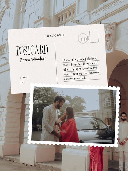A creative "Postcard from Mumbai" design. This collage combines shots from their Old Bombay shoot with a nostalgic postcard graphic, perfect for a unique save-the-date.