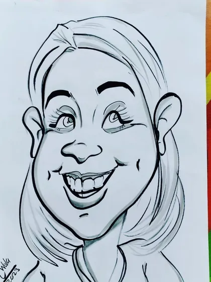 Just a caricature. A simple, clean drawing of a woman with a happy, open-mouthed smile.
