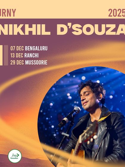 The official poster for Nikhil D'Souza's multi-city tour in December, including shows in Bengaluru, Ranchi, and Mussoorie.