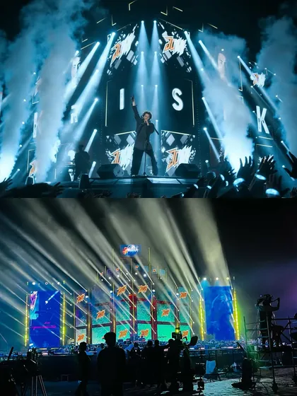 Another before-and-after of the 'Saiyaara' concert stage, this time with a different lighting look featuring blue beams and smoke effects.