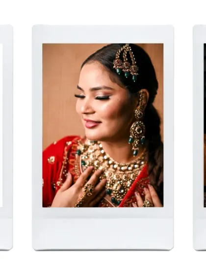 A triptych of polaroid-style frames capturing the bride's expressions and jewelry details. This format is great for showing different angles and moods in a single, stylish image.
