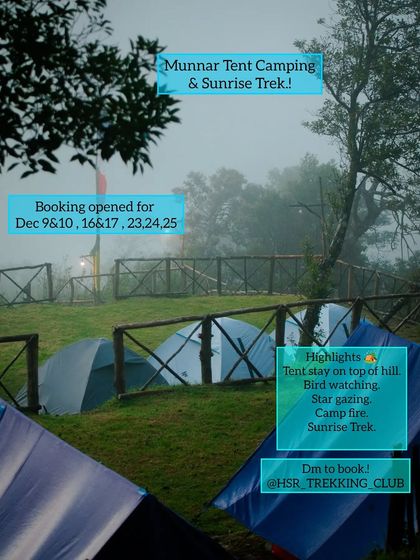 A promotional image for the Munnar tent camping and sunrise trek, detailing the highlights like bird watching and campfire.
