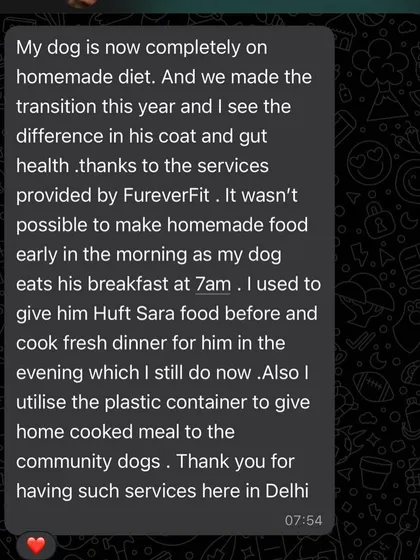 This message from a happy pet parent says it all. When you switch to a fresh, homemade diet, the results speak for themselves: a better coat, improved gut health, and a happier dog. This is the convenience and quality I aim to provide for busy pet parents in Delhi.