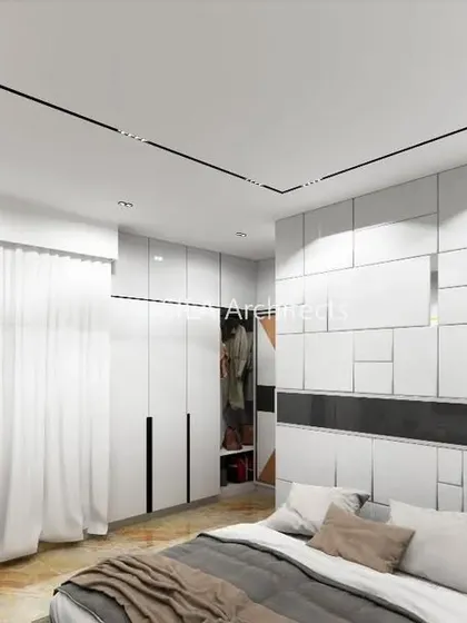 A bedroom concept with a white and grey color scheme, featuring a geometric patterned headboard wall and minimalist decor.