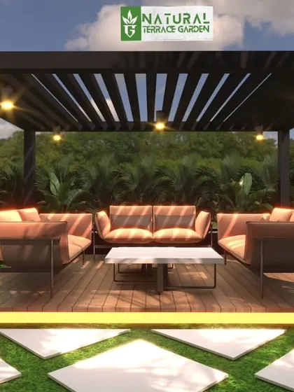 A 3D render of a classic black pergola on a raised deck, surrounded by artificial grass and geometric stepping stones.