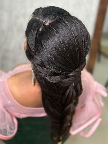 A close-up of the top of the intricate braid.